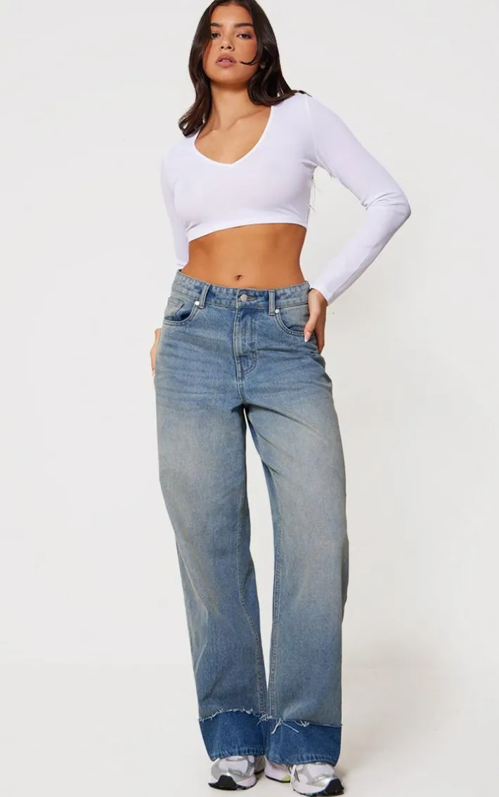 White Rib V Neck Long Sleeve Crop Top