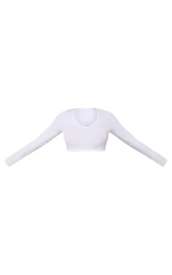 White Rib V Neck Long Sleeve Crop Top