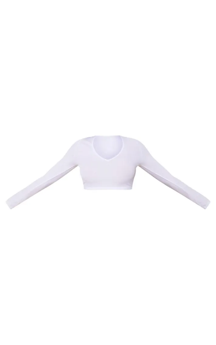 White Rib V Neck Long Sleeve Crop Top