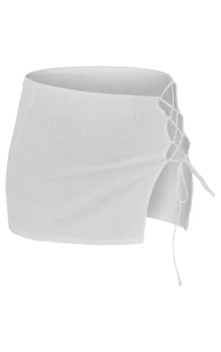 Sale PrettyLittleThing Ribbed Lace Up Detail Mini Skirt White