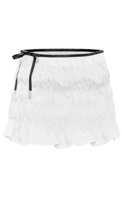 Outlet PrettyLittleThing Ribbon Detail Ruched Denim Mini Skirt White