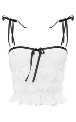 Discount PrettyLittleThing Ribbon Strap Ruched Denim Crop Top White