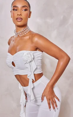 Outlet PrettyLittleThing Rose Applique Slinky Ruched Bandeau Top White