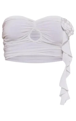 Outlet PrettyLittleThing Rose Applique Slinky Ruched Bandeau Top White