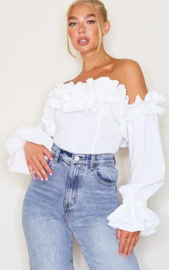 PrettyLittleThing Blouses*Ruffle Hem Off Shoulder Long Sleeve Top