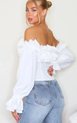 PrettyLittleThing Blouses*Ruffle Hem Off Shoulder Long Sleeve Top
