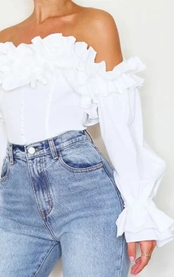 PrettyLittleThing Blouses*Ruffle Hem Off Shoulder Long Sleeve Top