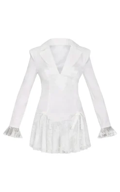 Satin Lace Trim Bow Blazer Dress-PrettyLittleThing Online