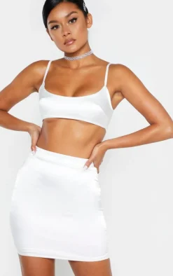 Discount PrettyLittleThing Satin Scoop Neck Crop Top White