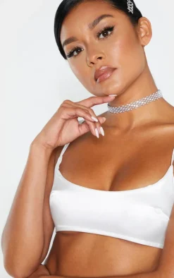 Discount PrettyLittleThing Satin Scoop Neck Crop Top White