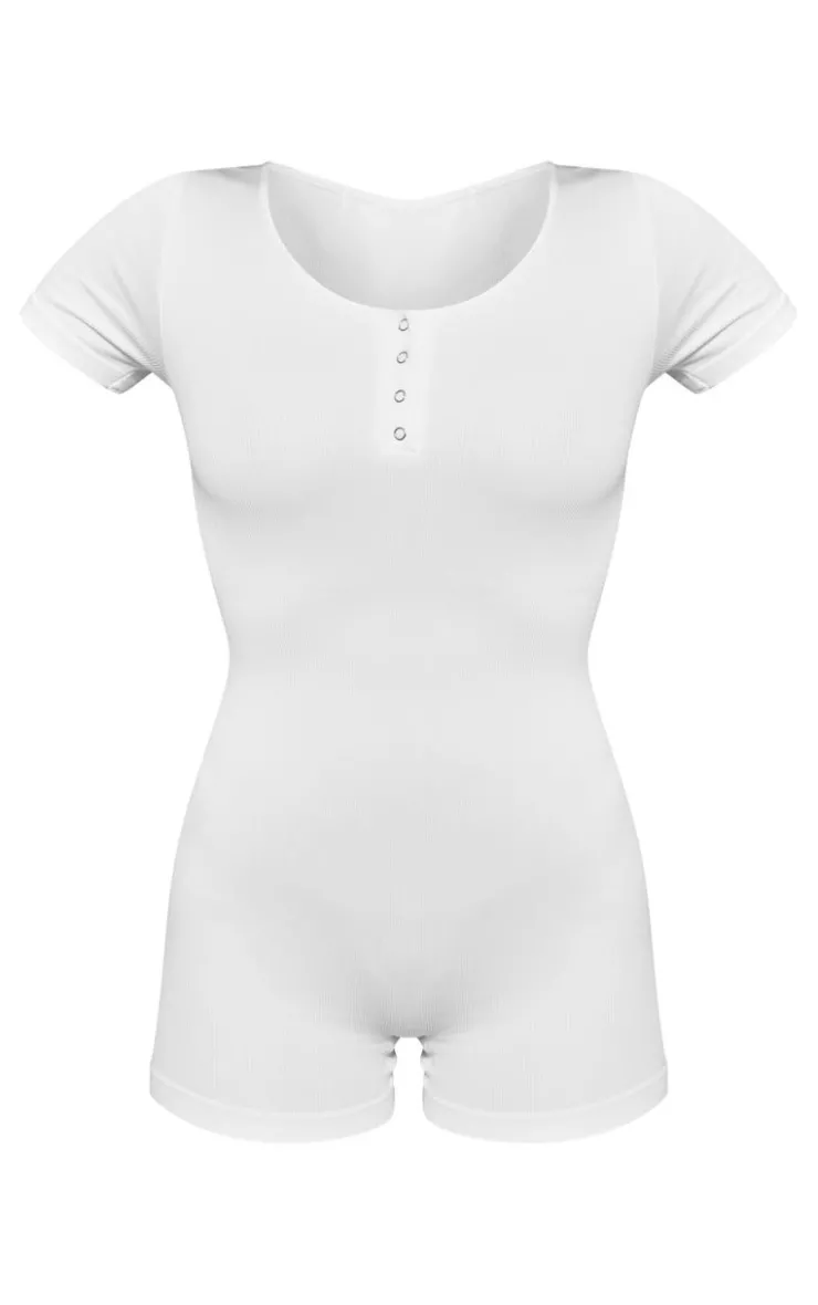 PrettyLittleThing Unitards*Seamless Button Detail Short Sleeve Unitard