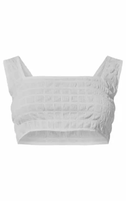 Outlet PrettyLittleThing Seersucker Texture Square Neck Crop Top White