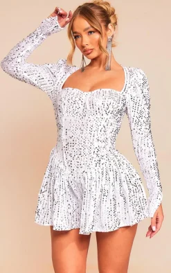 Sequin Cup Detail Long Sleeve Skater Romper-PrettyLittleThing Hot
