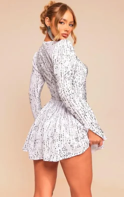 Sequin Cup Detail Long Sleeve Skater Romper-PrettyLittleThing Hot