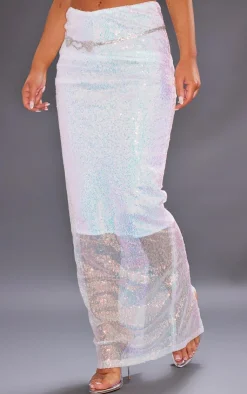 Discount PrettyLittleThing Sequin Split Back Detail Midaxi Skirt White