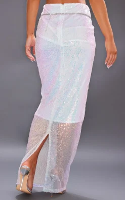 Discount PrettyLittleThing Sequin Split Back Detail Midaxi Skirt White