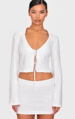New PrettyLittleThing Sequin Tie Front Detail Long Sleeve Shirt White