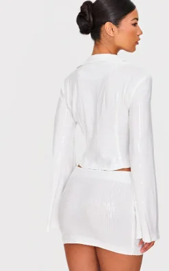 New PrettyLittleThing Sequin Tie Front Detail Long Sleeve Shirt White