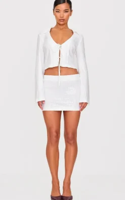 New PrettyLittleThing Sequin Tie Front Detail Long Sleeve Shirt White