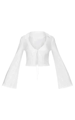 New PrettyLittleThing Sequin Tie Front Detail Long Sleeve Shirt White