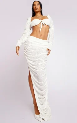 PrettyLittleThing Sheer Devore Ruched Midaxi Skirt White