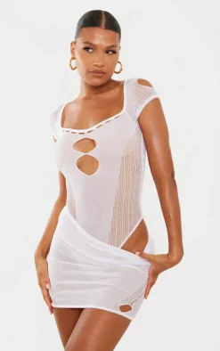 New PrettyLittleThing Sheer Knit Cut Out Panelled Bodysuit White