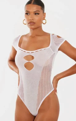 New PrettyLittleThing Sheer Knit Cut Out Panelled Bodysuit White