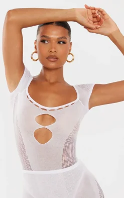 New PrettyLittleThing Sheer Knit Cut Out Panelled Bodysuit White