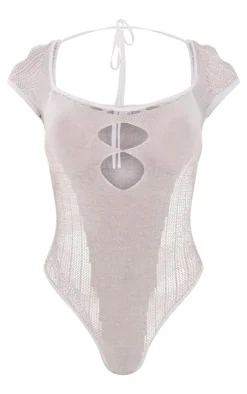New PrettyLittleThing Sheer Knit Cut Out Panelled Bodysuit White