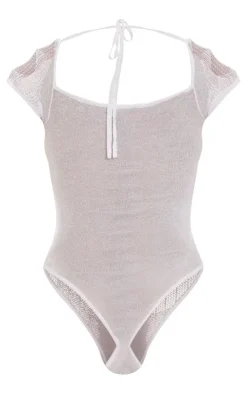 New PrettyLittleThing Sheer Knit Cut Out Panelled Bodysuit White