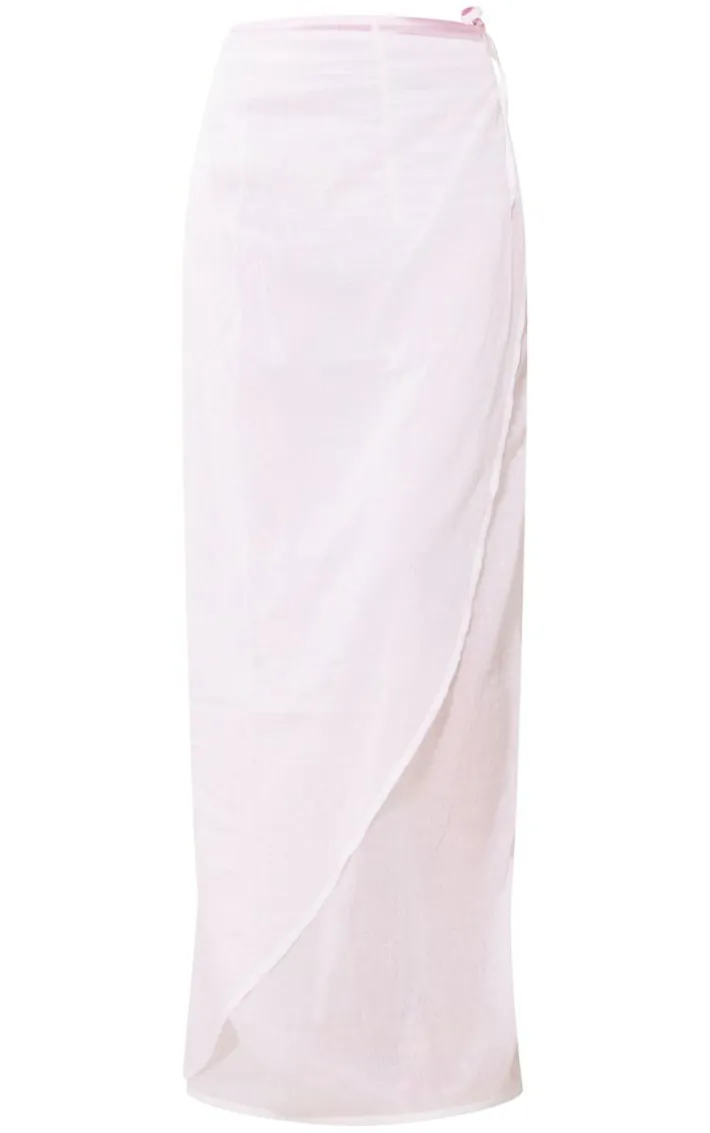 White Sheer Linen Look Wrap Over Maxi Skirt