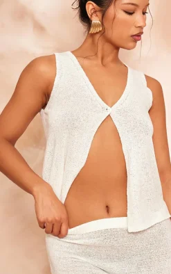 Outlet PrettyLittleThing Sheer Textured Knit Button Front Vest Top White
