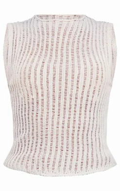 PrettyLittleThing Knitted Tops*Sheer Textured Knit Racer Neck Top
