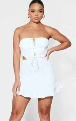 Shirred Bandeau Lace Up Detail Shift Dress-PrettyLittleThing Online
