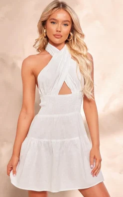 Shirred Cross Halterneck Shift Dress-PrettyLittleThing Hot