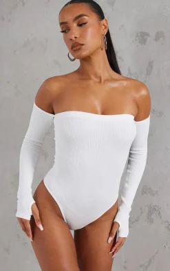 White Snatched Rib Bardot Thumbhole Bodysuit