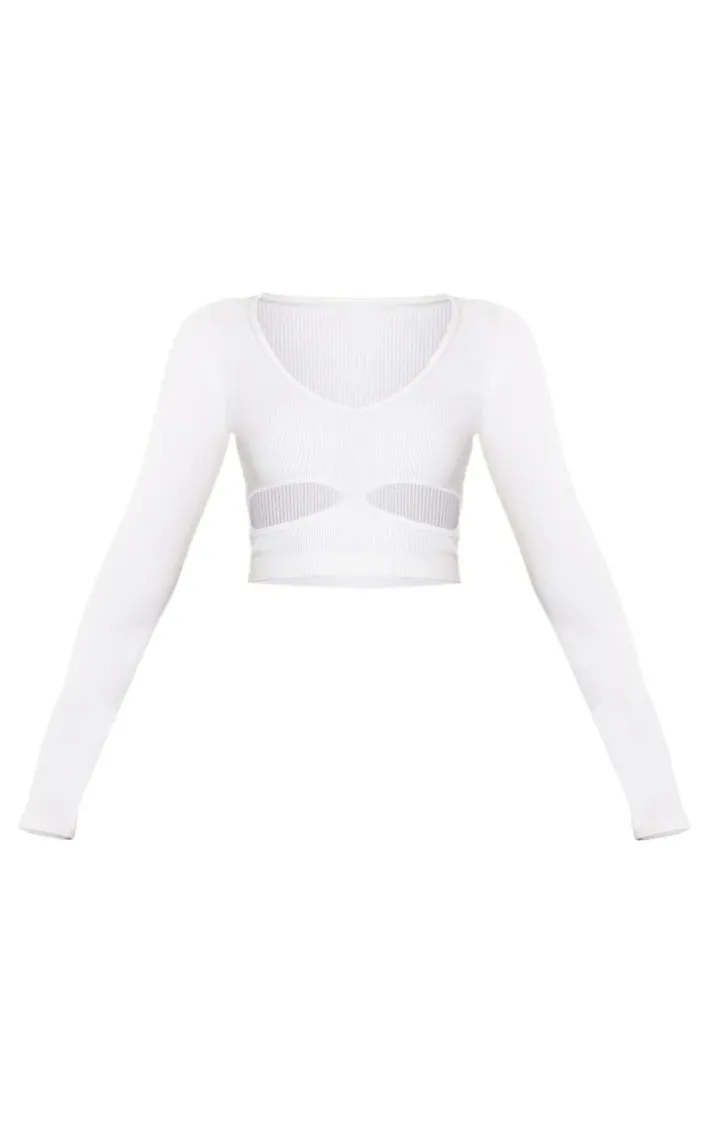 White Snatched Rib Cut Out Long Sleeve Crop Top
