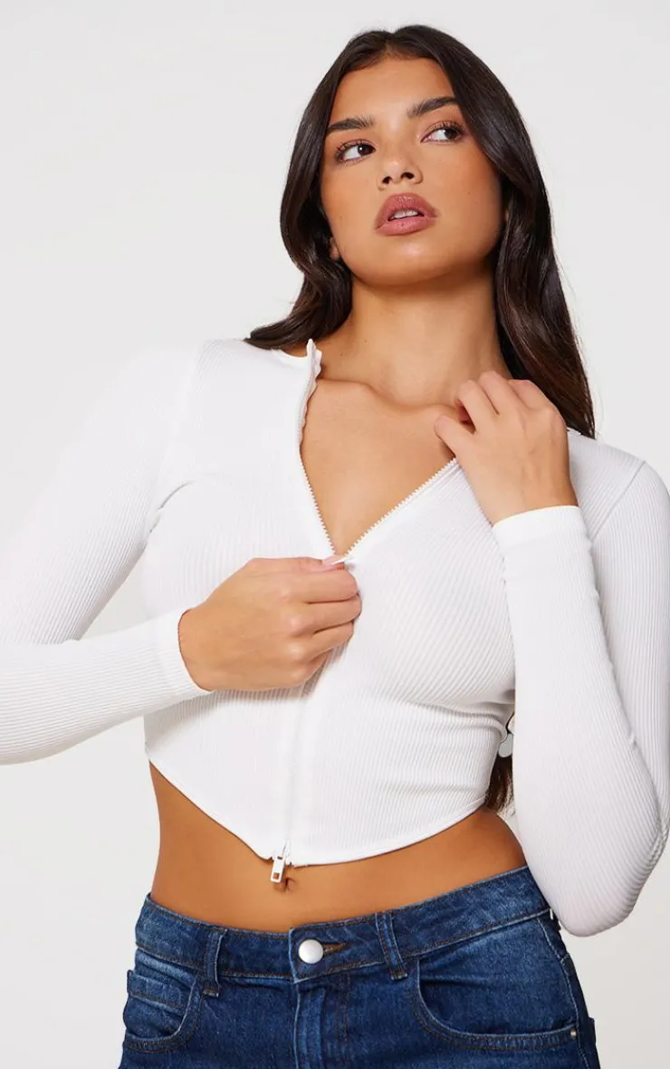 PrettyLittleThing Snatched*Snatched Rib Double Zip Top
