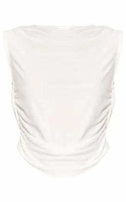 Online PrettyLittleThing Soft Touch Backless Side Ruched Top White
