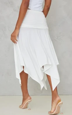 White Soft Touch Ruched Asymmetric Midi Skirt