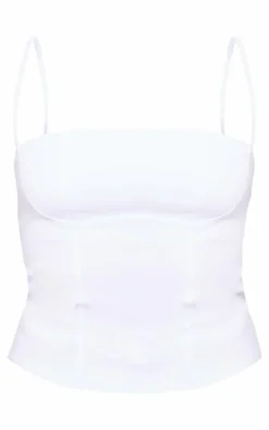 White Stretch Woven Spaghetti Strap Bust Detail Crop Top