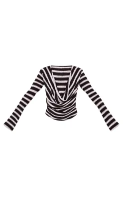 Online PrettyLittleThing Striped Textured Rib Long Sleeve Drape Front Top White