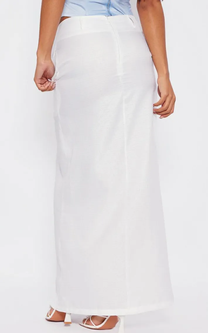 White Structured Linen Look Belt Loop Detail Maxi Skirt