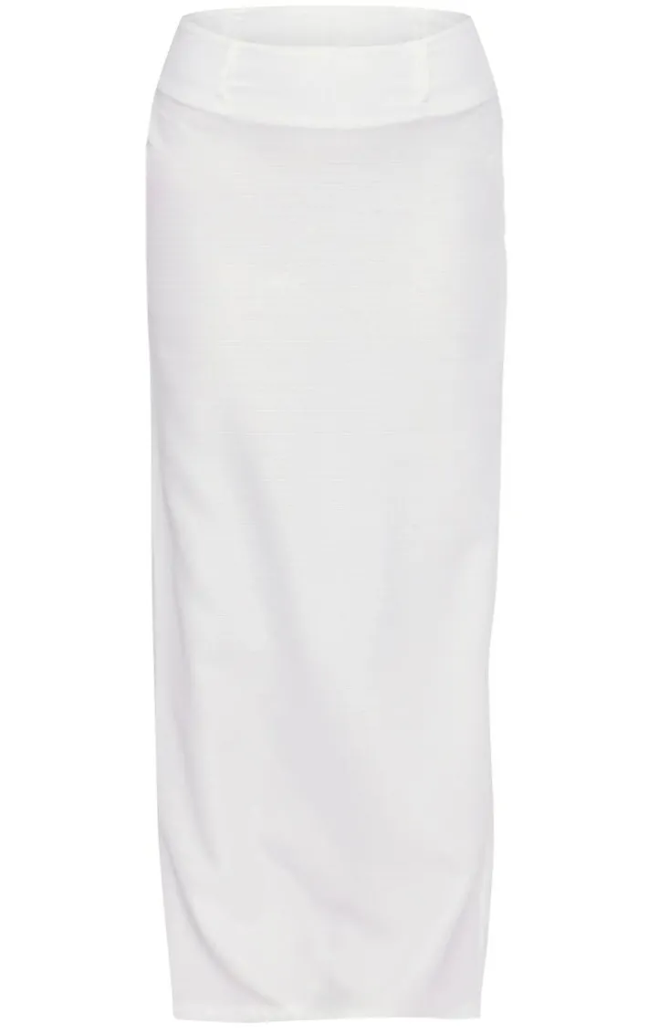 White Structured Linen Look Belt Loop Detail Maxi Skirt