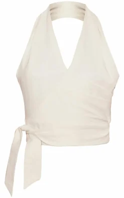 PrettyLittleThing Sleeveless Tops*Structured Linen Look Pleated Halter Crop Top