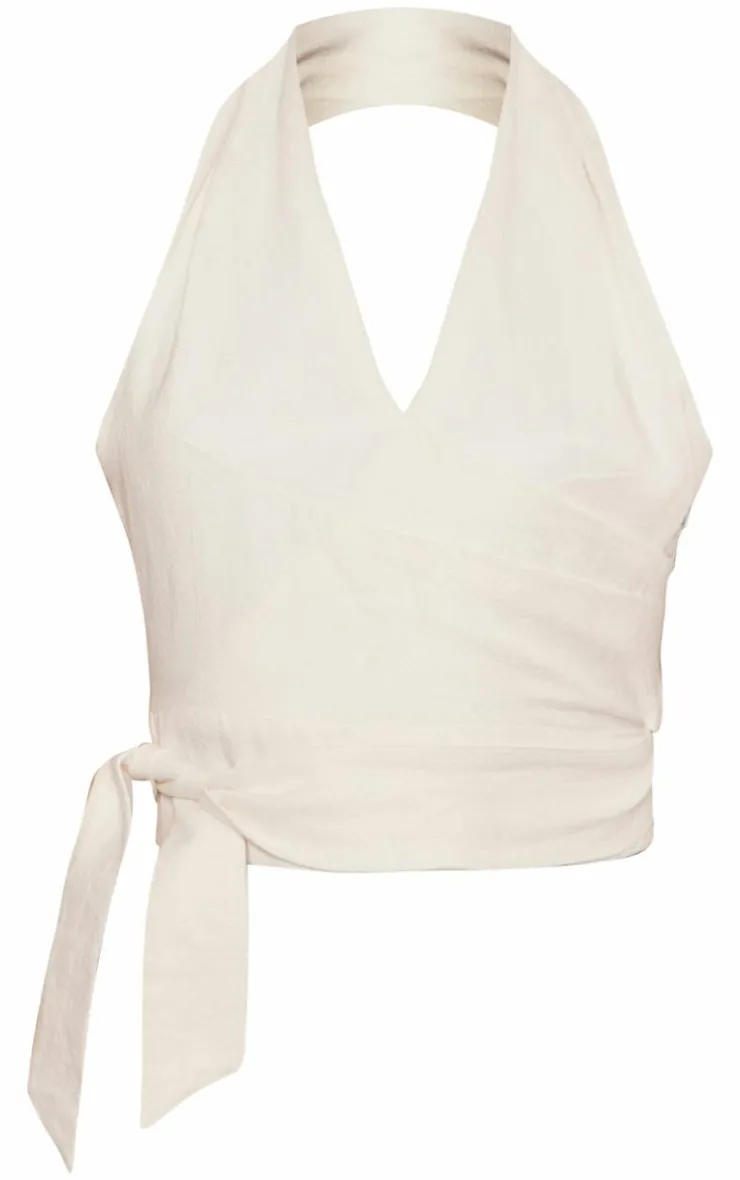 PrettyLittleThing Sleeveless Tops*Structured Linen Look Pleated Halter Crop Top