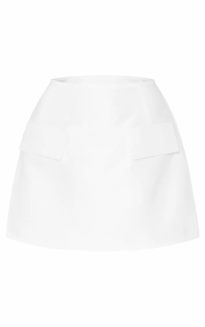 White Structured Woven Pocket A Line Skirt
