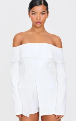 Tailored Off The Shoulder Long Sleeve Romper-PrettyLittleThing Discount