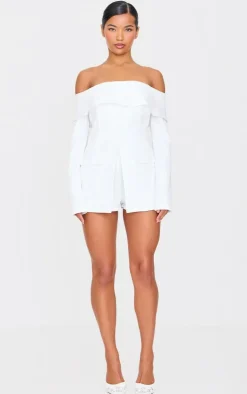 Tailored Off The Shoulder Long Sleeve Romper-PrettyLittleThing Discount
