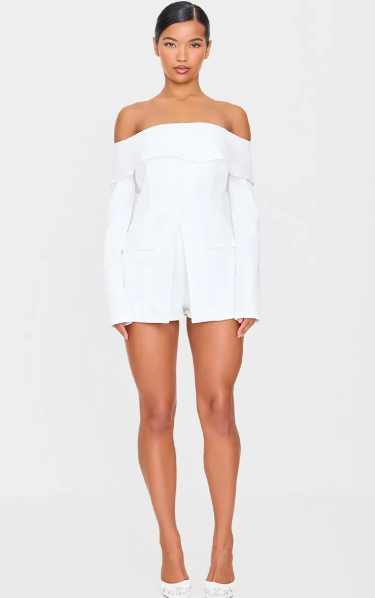 Tailored Off The Shoulder Long Sleeve Romper-PrettyLittleThing Discount